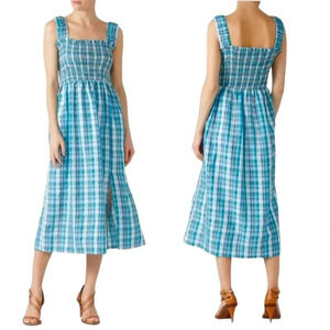 Nicholas Cotton Smocked Apron Plaid Midi Dress Blue Size 12